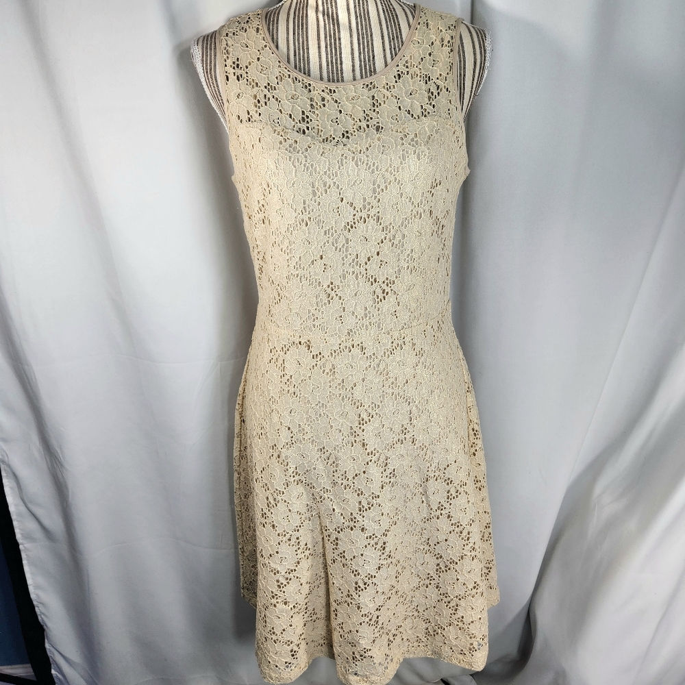 The Limited Cream w/ Floral Gold Metallic Lace Overlay Sleeveless Dress Size 6